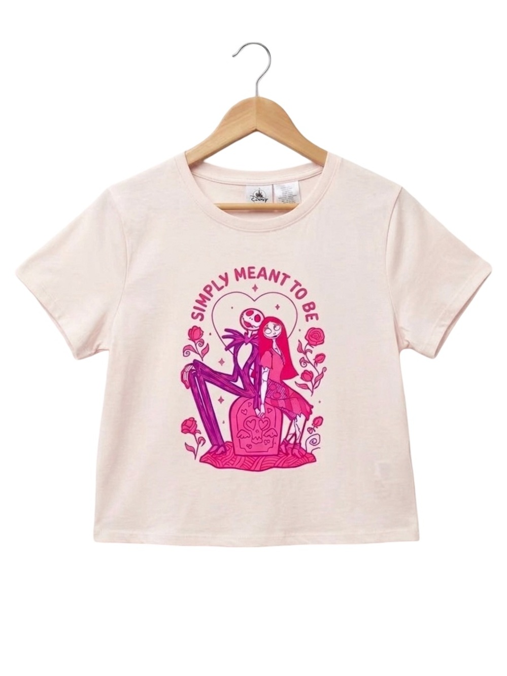 Disney parks Nightmare Before Christmas Jack & Sally Pastel Pink Crop Tee Small